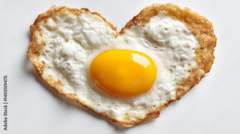 Sunny-side-up fried egg shaped into a heart, featuring a bright yellow yolk and crispy white edges, isolated on a plain white background in a top-down view. Sunny-side-up fried egg shaped into a heart, featuring a bright yellow yolk and crispy white edges, isolated on a plain white background in a top-down view.