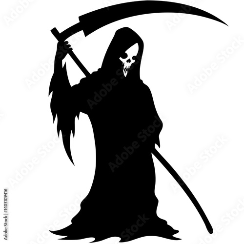 Mysterious Grim Reaper Holding Scythe Dark Fantasy for Halloween Decor or Tattoo Design