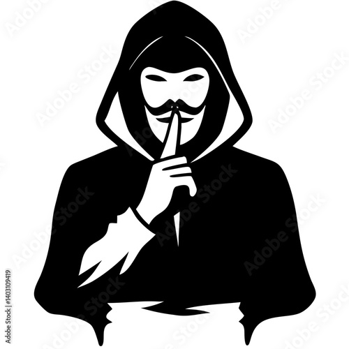 Mysterious Hooded Figure with Finger on Lips Symbolizing Secrets and Silence
