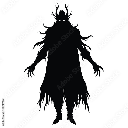 Silhouette of a Dark Fantasy Forest Spirit: Antlered Shadow Figure Illustration - Mythical Creature Art, Fantasy Character Design