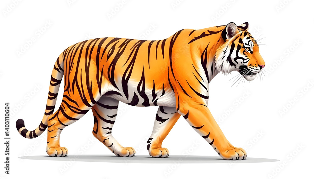 Obraz premium An illustrated tiger gracefully walks across the frame, showcasing its striking orange stripes and power.
