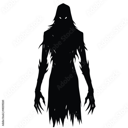 Silhouette of a Creepy Shadow Figure: Dark Fantasy Character Illustration for Halloween, Horror, and Gothic Themes - Stock Image