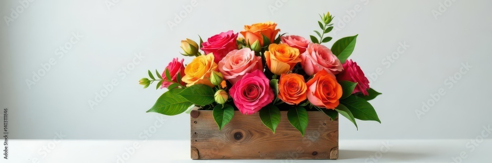 Vibrant bouquet in rustic wooden box on white table, leaf, floral Vibrant bouquet in rustic wooden box on white table, leaf, floral