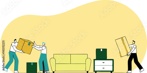 Moving In: An illustration of a moving process with individuals carrying boxes, a couch, and other home essentials, against a yellow background, showing home change.