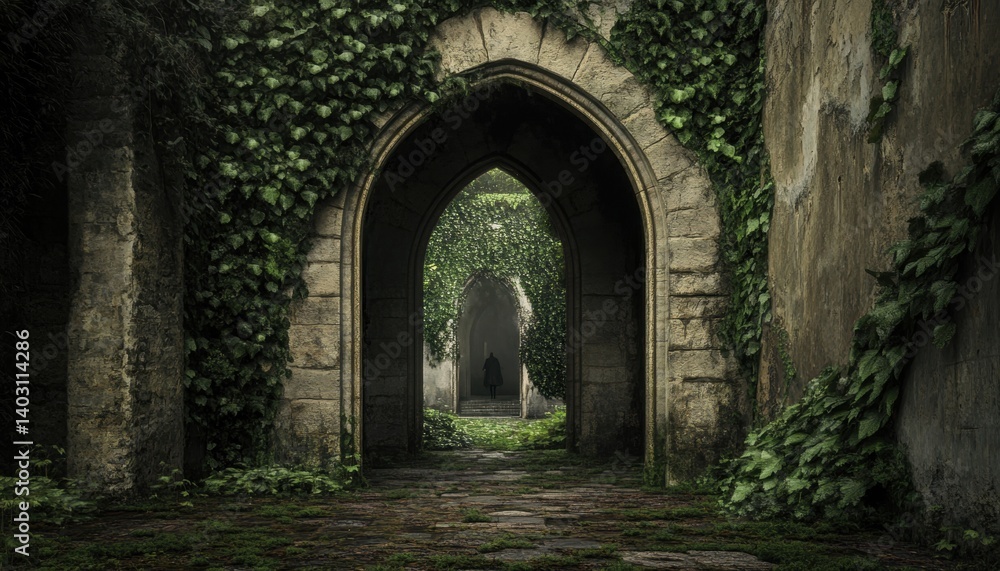 Fototapeta premium An overgrown, stone passageway, shrouded in mystery.