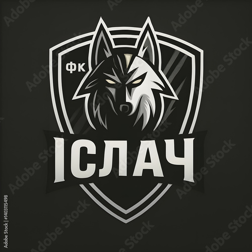 Bold wolf emblem representing a fierce soccer team in a modern design with dark tones and striking contrasts