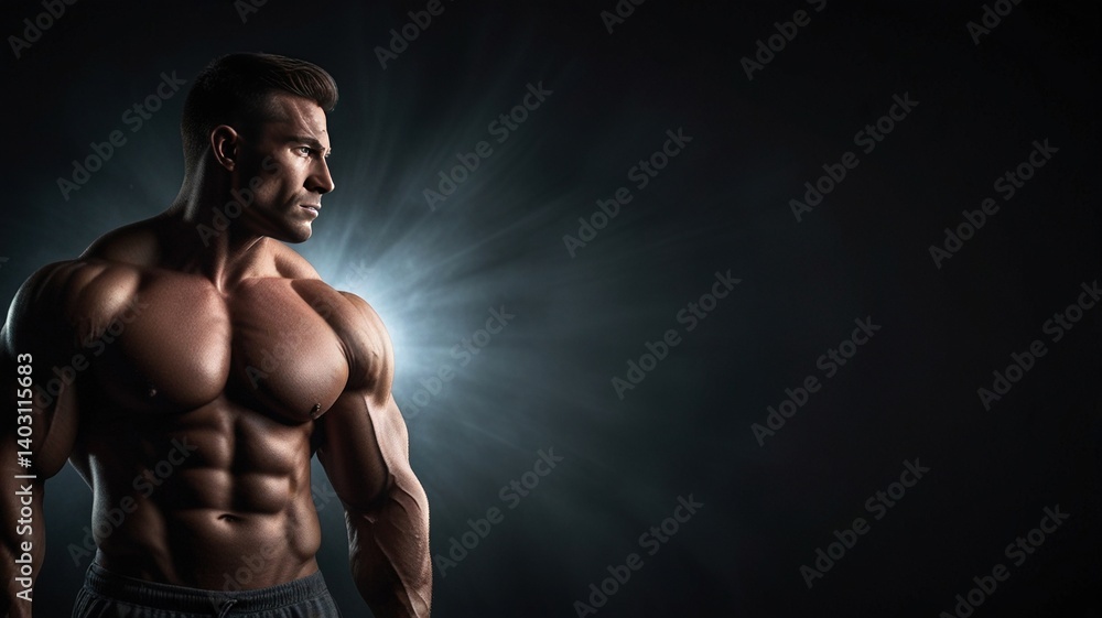 Powerful male physique displayed with definition in a dramatic light