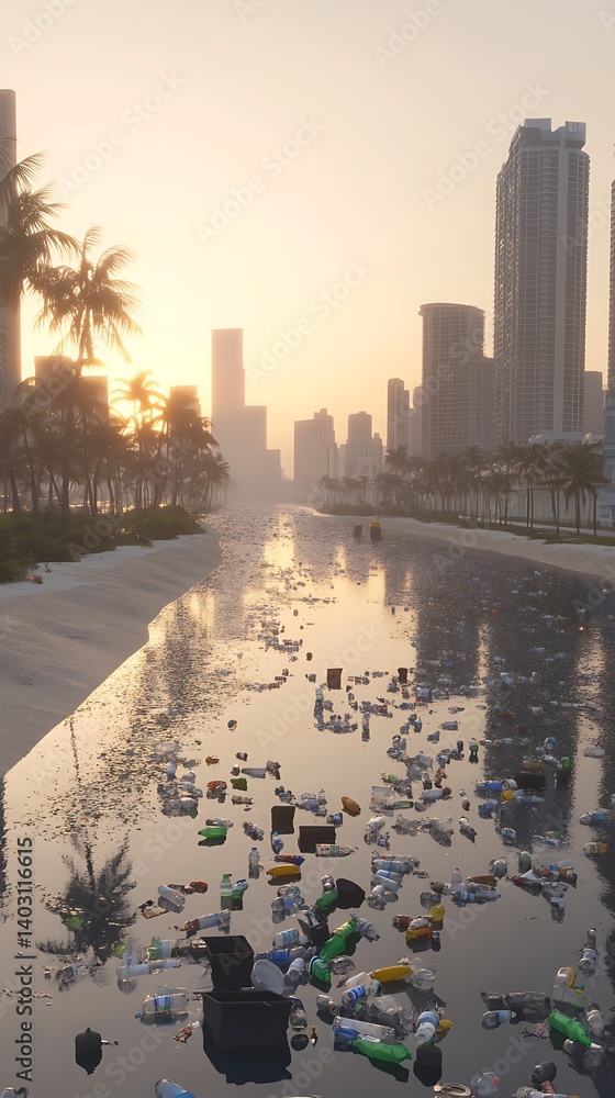 Obraz premium Polluted canal in a modern city at sunrise