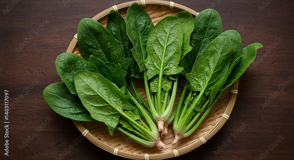 Fresh green spinach in a bamboo basket on a dark wooden table, large close-up. Fresh green spinach in a bamboo basket on a dark wooden table, large close-up.
