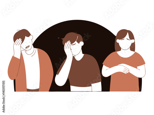 Disappointment and Regret: Three individuals express feelings of disappointment and regret, their hands covering their faces, conveying a sense of remorse and sadness.