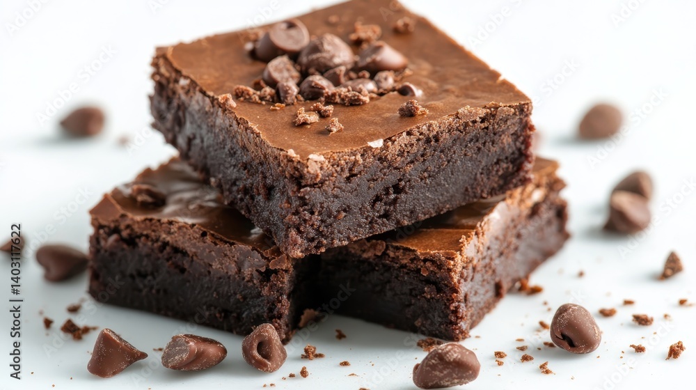 A tempting stack of rich chocolate brownies topped with chocolate chips, showcasing the delectable appeal and indulgent nature of gourmet desserts. A tempting stack of rich chocolate brownies topped with chocolate chips, showcasing the delectable appeal and indulgent nature of gourmet desserts.