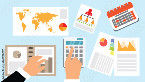 Office Table Top View with Business Man Doing Calculations. Office and white collar work concept vector