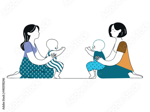 Nurturing Connections: A tender scene depicts two mothers nurturing their babies in an illustration, emphasizing maternal care and the bond of love and protection.