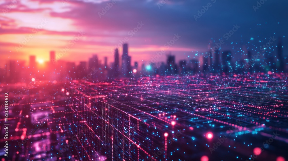 Fototapeta premium Sunset Cityscape, Digital Network, Data Flow, Future Tech, Abstract Background