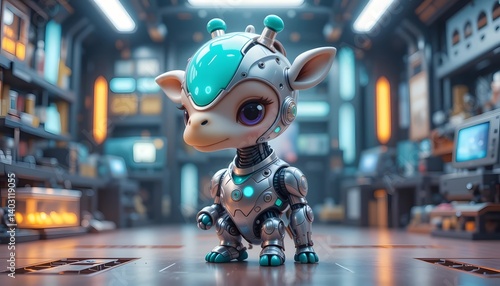 Wallpaper Mural Adorable Robotic Giraffe in Futuristic Laboratory Setting A captivating 3D render of a cute robotic giraffe in a high-tech environment Torontodigital.ca