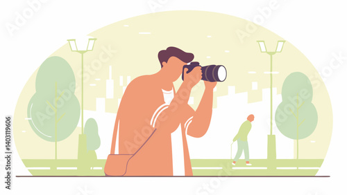 Illustration in a flat style of the photographer on the street in warm weather