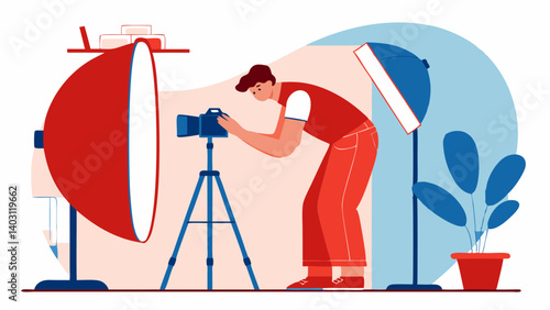 Illustration in the flat style of the photographer at work in the studio surrounded by equipment 