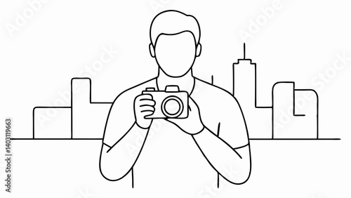 Linear illustration of a Photographer taking picture with city background
