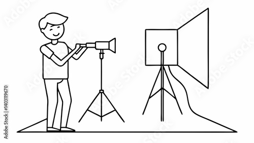 Linear illustration of a photographer with equipment in the studio 