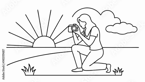 Linear illustration of a woman of a photographer with a camera at sunset