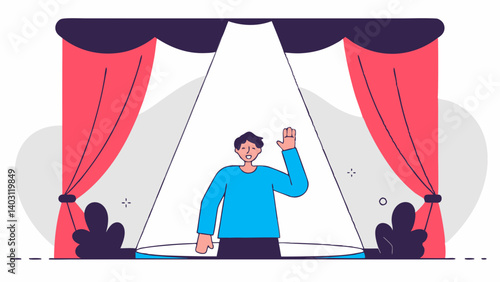An illustration in a flat style of Actors performing on stage behind red curtains