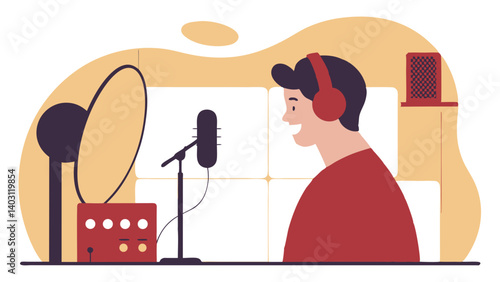 flat illustration of announcer working in recording studio environment