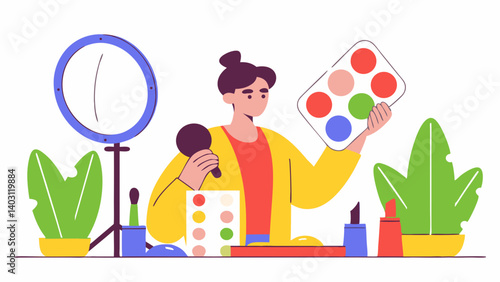 Woman choosing makeup products near mirror in beauty shop