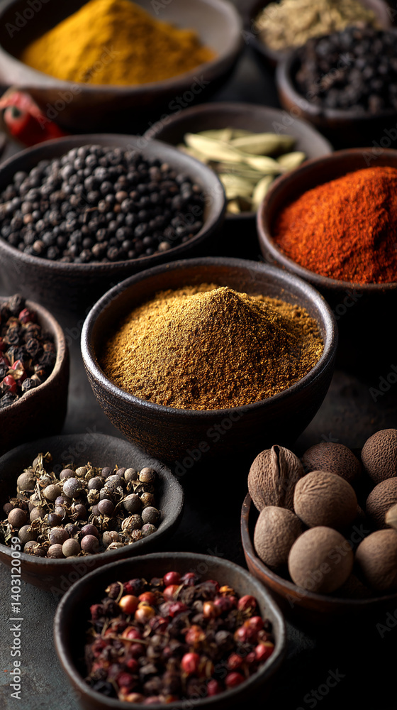 Close-up of various spices in dark brown bowls, showcasing diverse colors and textures, representing culinary richness and aromatic complexity Close-up of various spices in dark brown bowls, showcasing diverse colors and textures, representing culinary richness and aromatic complexity