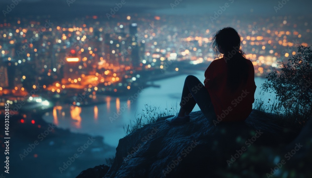 Fototapeta premium Nightfall contemplation over a cityscape.