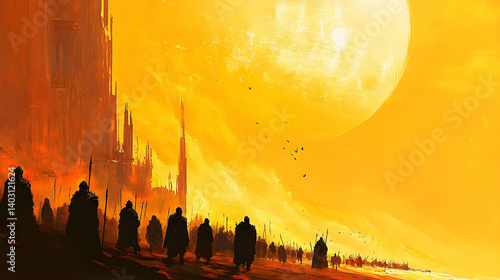 A vast army marches towards a crumbling city under a scorching sun.