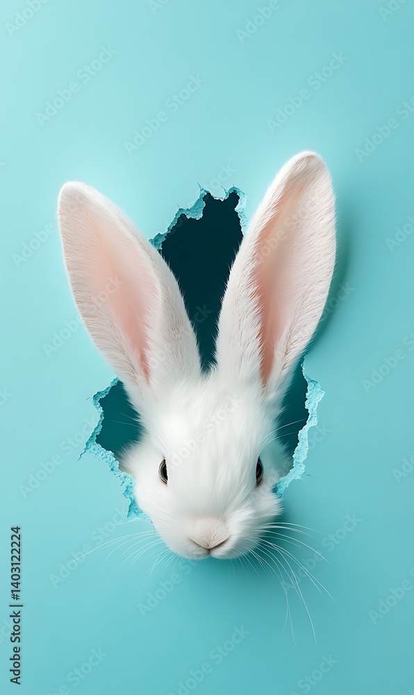 Obraz premium Cute White Rabbit Peeking Through Ripped Light Blue Paper Background Head and Ears