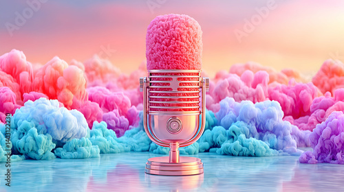 Pastel pink retro microphone amidst colorful smoke clouds