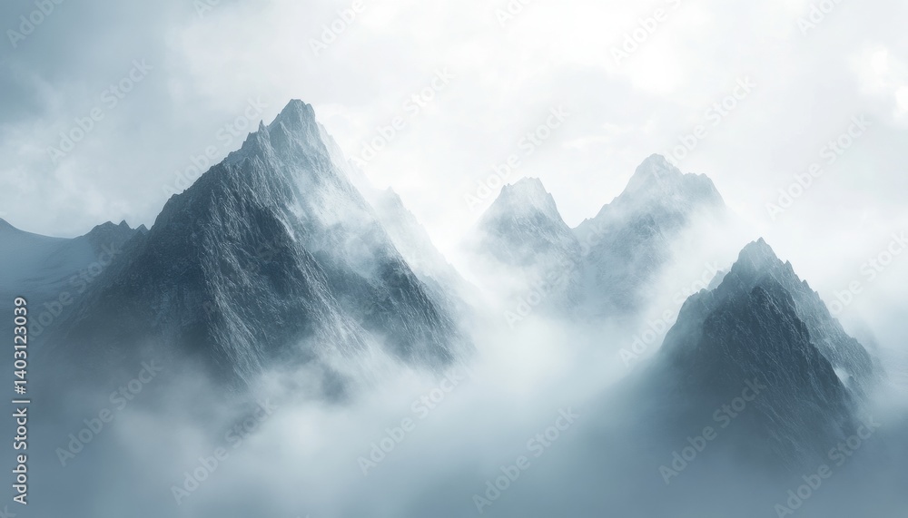 Misty peaks pierce a cloudy sky, a serene mountain range. Misty peaks pierce a cloudy sky, a serene mountain range.