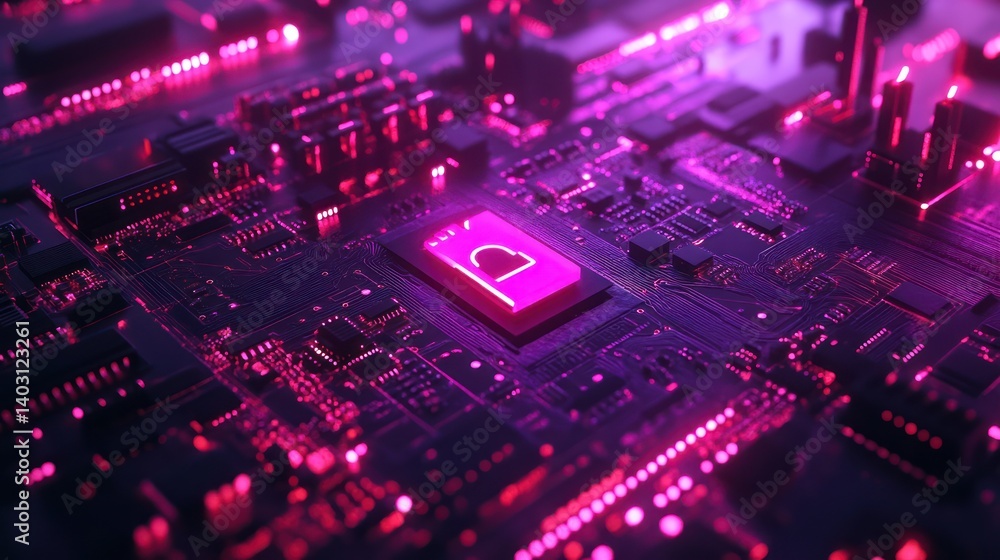 Pink Cyber Security Chip on Circuit Board Pink Cyber Security Chip on Circuit Board