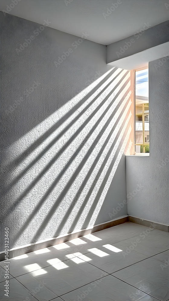 Obraz premium Sunlight streams through a window, casting dramatic parallel lines on a wall and floor