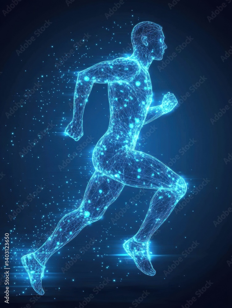 Fototapeta premium Dynamic runner silhouette with glowing digital wireframe mesh showcasing muscle motion during a freeze-frame moment