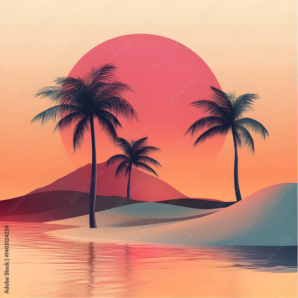 Desert oasis with palm trees, minimal design, at sunset Desert oasis with palm trees, minimal design, at sunset