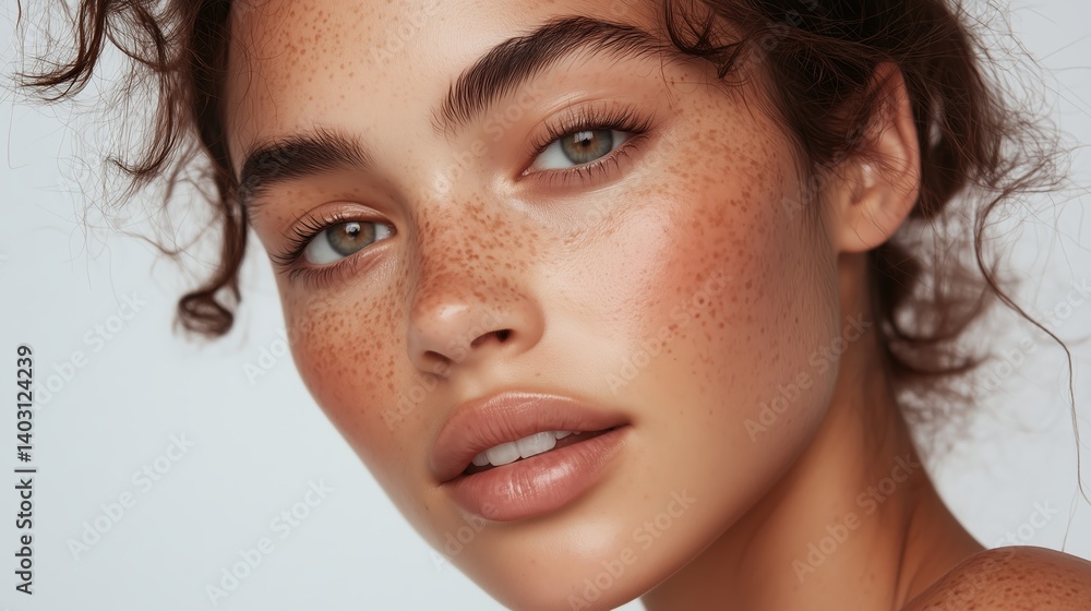 Naklejka premium Young woman with curly hair and freckles poses against a soft backdrop, showcasing natural beauty and confidence