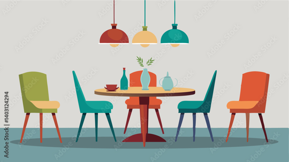 A set of funky mismatched dining chairs surrounding a sleek minimalist dining table combining elements of both the past and present.
