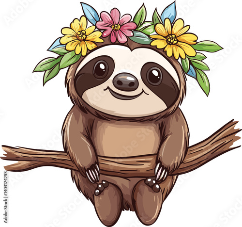 Cute sloth cartoon on tree branch with flower crown