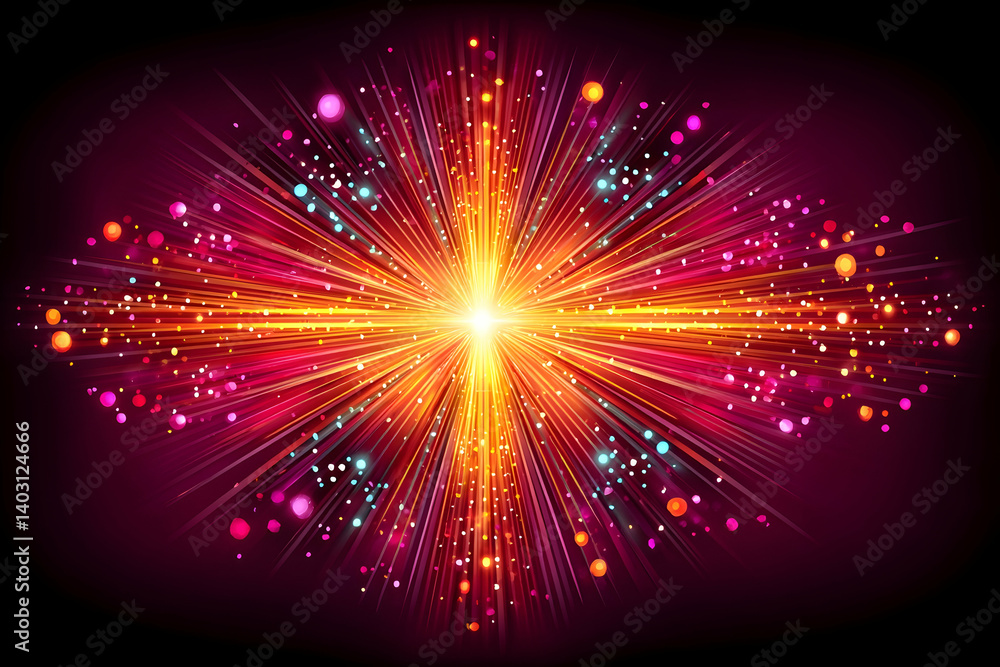Fototapeta premium Vibrant starburst explosion with colorful rays and sparkles on dark background