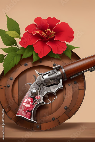 Gun and Rose on a wooden barrel