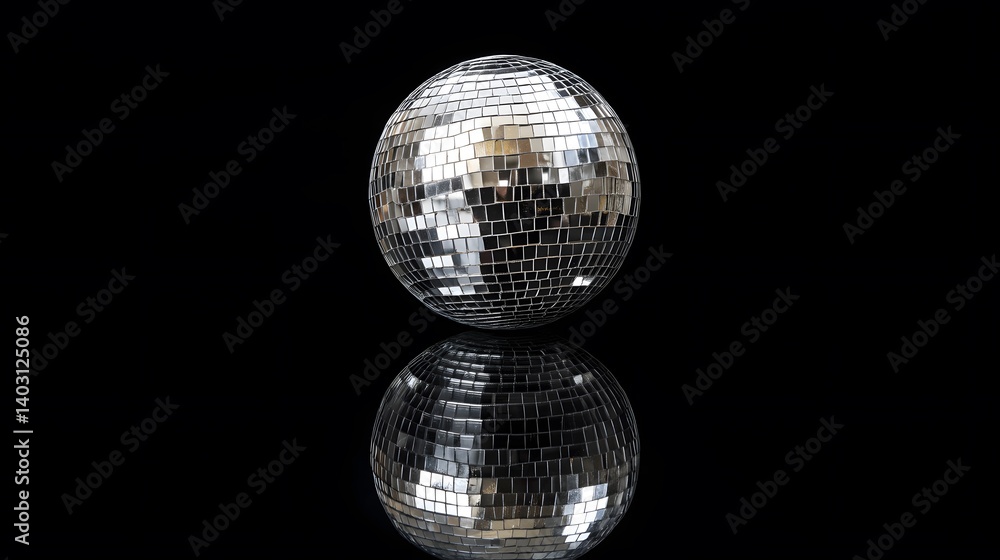 Obraz premium Highly reflective disco ball covered in small square mirrors, floating slightly above a surface, casting subtle reflections against a solid black background for a sleek studio shot. 
