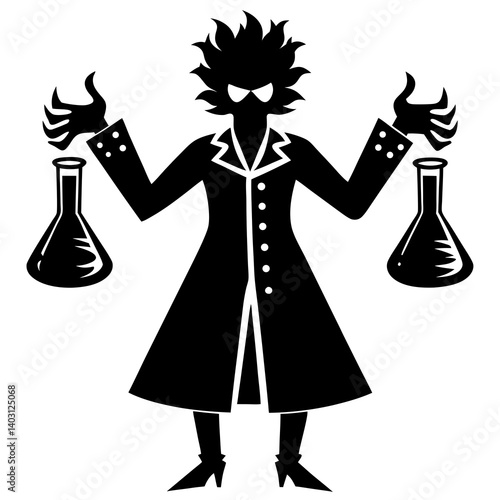 A silhouette of a mad scientist with test tubes, flat black vector