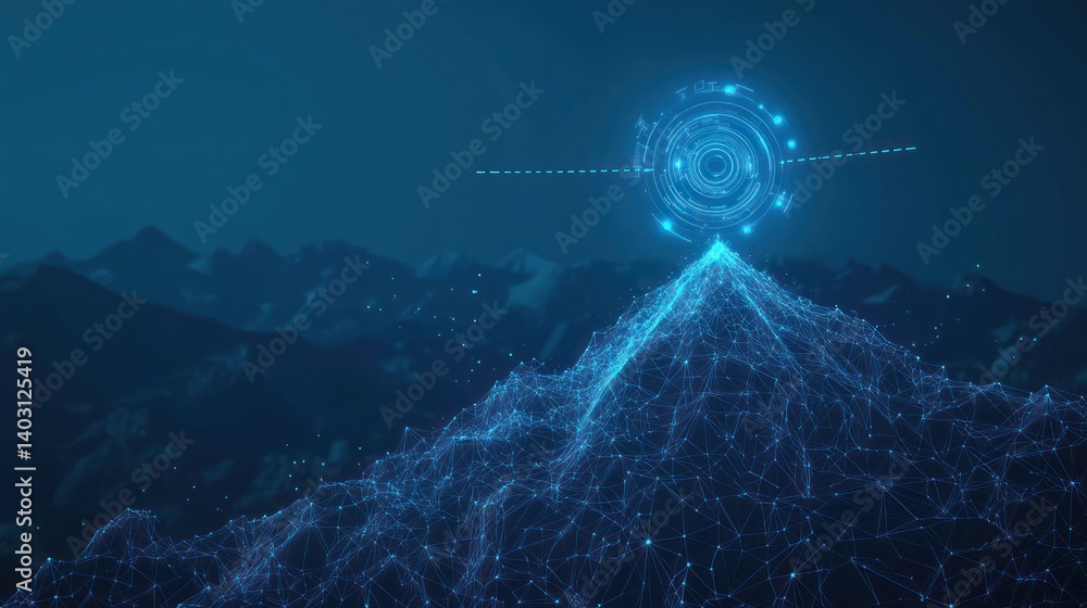 Obraz premium Futuristic mountain peak digital interface, night sky, data visualization, technology concept