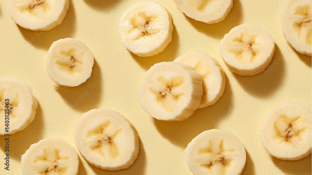 Fresh banana slices arranged in a scattered pattern on a pale yellow background, captured in a flat lay top-down view with bright even lighting. Fresh banana slices arranged in a scattered pattern on a pale yellow background, captured in a flat lay top-down view with bright even lighting.