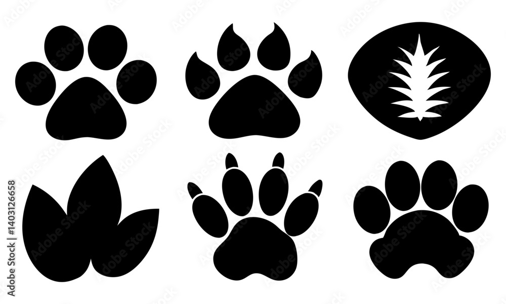 Fototapeta premium Download Vector Illustration Of Six Animal Footprint Silhouettes: Bear Paw, Dog Paw, Bird Footprint, Horse Hoof, Elephant Footprint, And Cat Paw Svg File For Design.