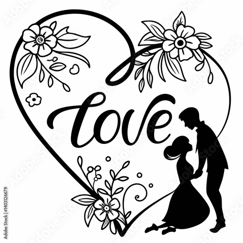 Romantic Love Heart Floral Couple Vector Silhouette Line Art