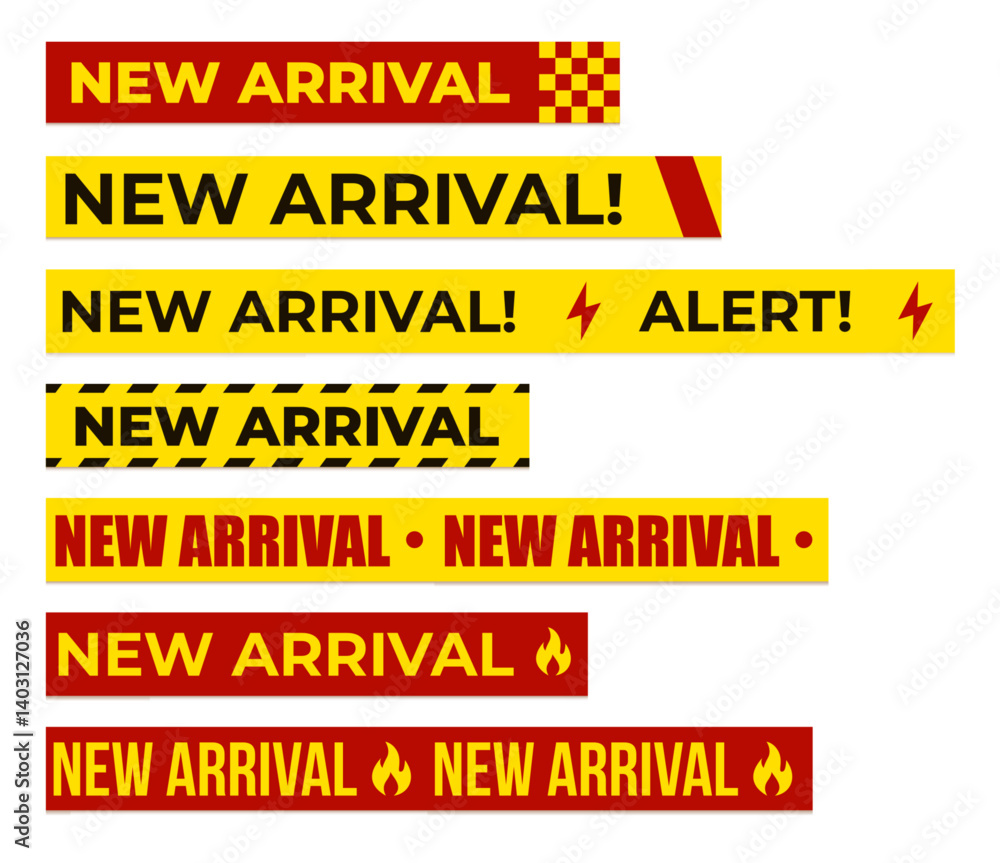 Obraz premium New Arrival And Alert Sale Labels In Red And Yellow Warning Style For Promotion, Marketing, Advertising, Store Announcement, Discount Banner Design. Vector Illustration.