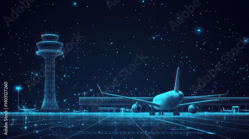 Airplane digital model at airport, night, control tower, data network